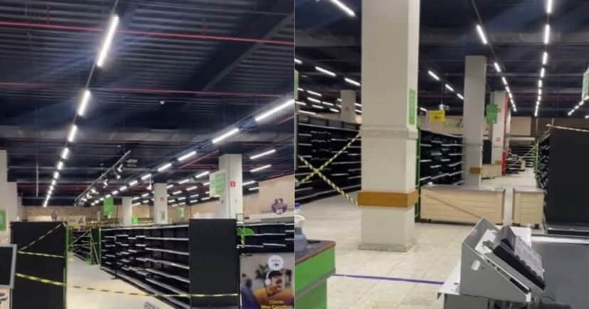 Caixas desligados e prateleiras vazias na unidade do Bompreço, localizada no Salvador Shopping (Foto Reprodução/Montagem/Redes Sociais/O Tempo) Caixas desligados e prateleiras vazias na unidade do Bompreço, localizada no Salvador Shopping (Foto Reprodução/Montagem/Redes Sociais/O Tempo)