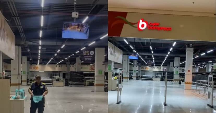 Caixas desligados e prateleiras vazias na unidade do Bompreço, localizada no Salvador Shopping (Foto Reprodução/Montagem/Redes Sociais/O Tempo) Caixas desligados e prateleiras vazias na unidade do Bompreço, localizada no Salvador Shopping (Foto Reprodução/Montagem/Redes Sociais/O Tempo)