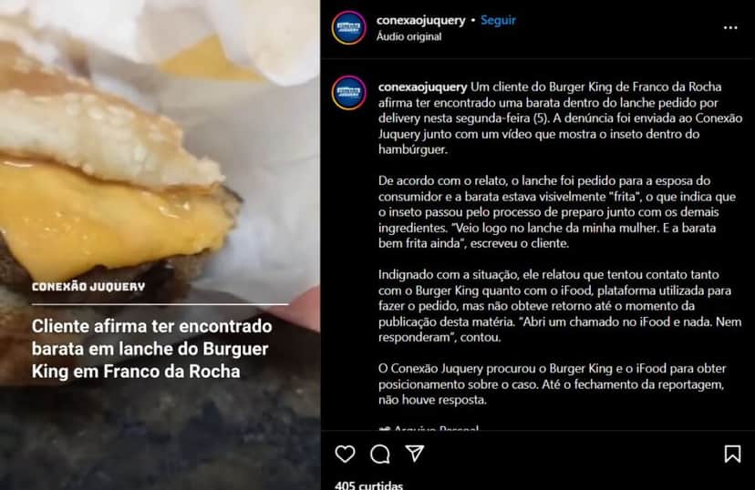 Cliente denuncia Burger King após encontrar baratas no lanche (Foto Reprodução/Instagram) Cliente denuncia Burger King após encontrar baratas no lanche (Foto Reprodução/Instagram)