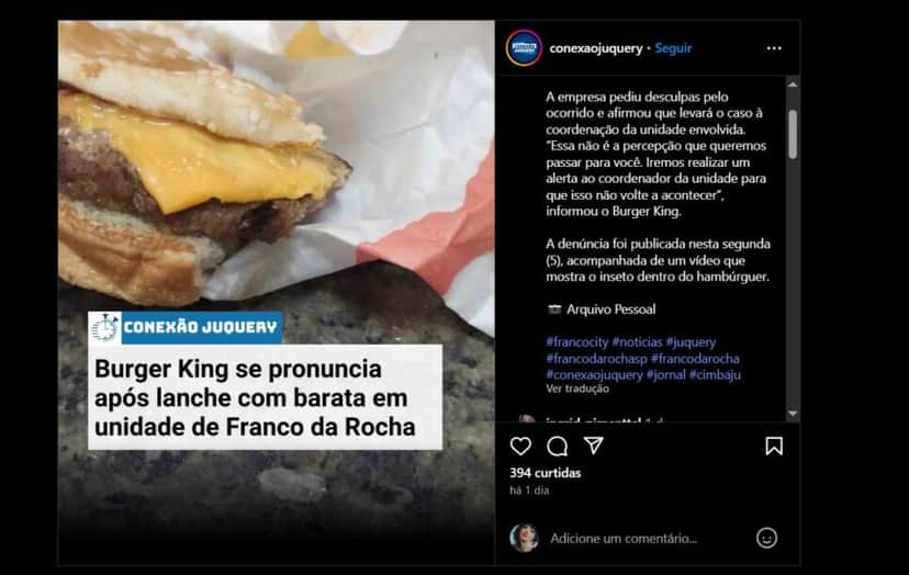 Conexão Juquery expõe denúncia contra unidade do Burger King (Foto Reprodução/Instagram) Conexão Juquery expõe denúncia contra unidade do Burger King (Foto Reprodução/Instagram)