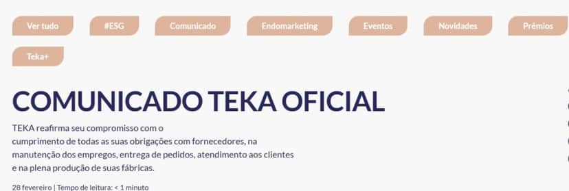 Comunicado oficial da TEKA deixado em seu site oficial na época (Foto Reprodução/Site oficial)