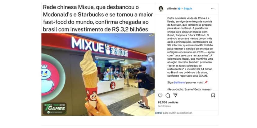 Mixue Ice Cream & Tea (Foto: Reprodução / Instagram) Mixue Ice Cream & Tea (Foto: Reprodução / Instagram)