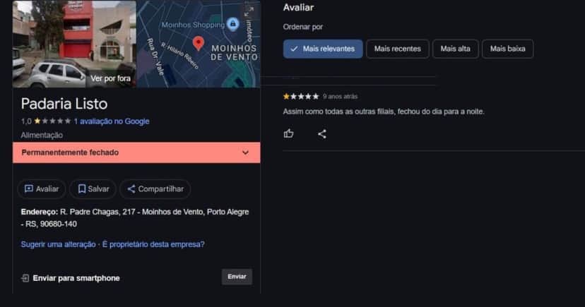 Padaria já consta como permanentemente fechada no Google e uma avaliação confirmando o encerramento (Foto Reprodução/MAPS) Padaria já consta como permanentemente fechada no Google e uma avaliação confirmando o encerramento (Foto Reprodução/MAPS)