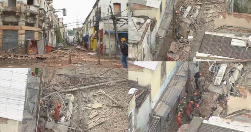 Imagens do Globocop com os destroços da demolição e desabamento (Foto Reprodução/Montagem/Tv Foco/Globo) Imagens do Globocop com os destroços da demolição e desabamento (Foto Reprodução/Montagem/Tv Foco/Globo)