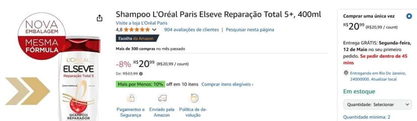 Shampoo L'Oréal Paris Elseve (Foto: Reprodução / Amazon) Shampoo L'Oréal Paris Elseve (Foto: Reprodução / Amazon)