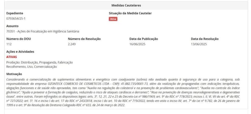 Resolução da ANVISA contra a OZONTECK, parte 2 (Foto Reprodução/ANVISA) Resolução da ANVISA contra a OZONTECK, parte 2 (Foto Reprodução/ANVISA)