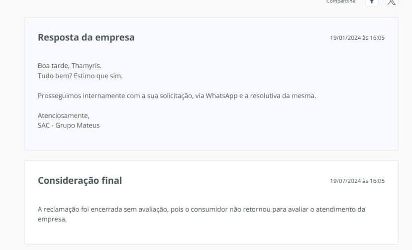 Resposta do Grupo Mateus datada no dia 19 de janeiro de 2024 (Foto Reprodução/RA)