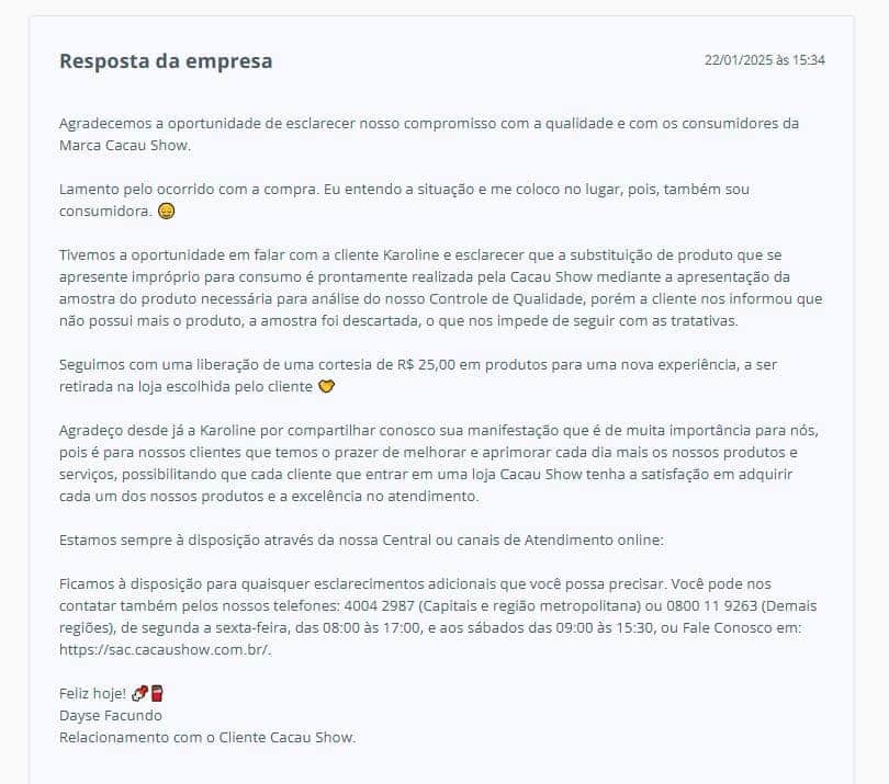 Resposta da Cacau Show (Foto Reprodução/RA)