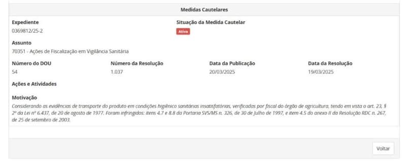 Resolução da ANVISA contra lote da Franui parte 2 (Foto Reprodução/ANVISA) Resolução da ANVISA contra lote da Franui parte 2 (Foto Reprodução/ANVISA)
