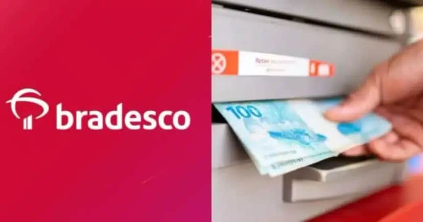Logo do Bradesco e notas de R$ 100 no caixa eletrônico - Foto: Montagem Logo do Bradesco e notas de R$ 100 no caixa eletrônico - Foto: Montagem