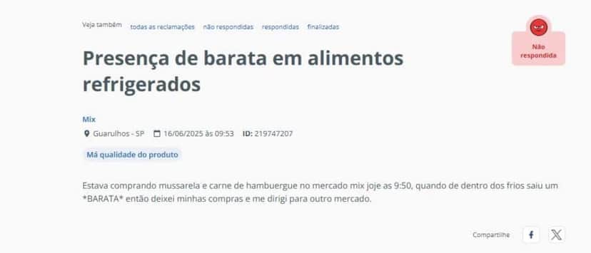 Denúncia do consumidor no Reclame Aqui expôs caso de hambúrguer entre baratas (Foto Reprodução/Reclame AQUI) Denúncia do consumidor no Reclame Aqui expôs caso de hambúrguer entre baratas (Foto Reprodução/Reclame AQUI)