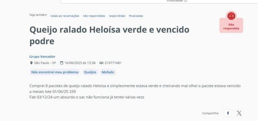 Reclamação contra o queijo Heloísa (Foto Reprodução/RA) Reclamação contra o queijo Heloísa (Foto Reprodução/RA)