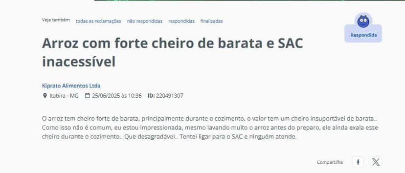 Denúncia contra a marca de arroz feito por uma consumidora (Foto Reprodução/Reclame Aqui) Denúncia contra a marca de arroz feito por uma consumidora (Foto Reprodução/Reclame Aqui)