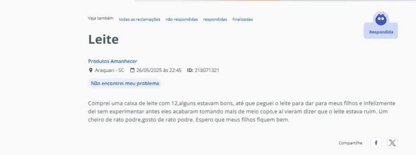 Denúncia contra a empresa Amanhecer (Foto Reprodução/Reclame Aqui) Denúncia contra a empresa Amanhecer (Foto Reprodução/Reclame Aqui)