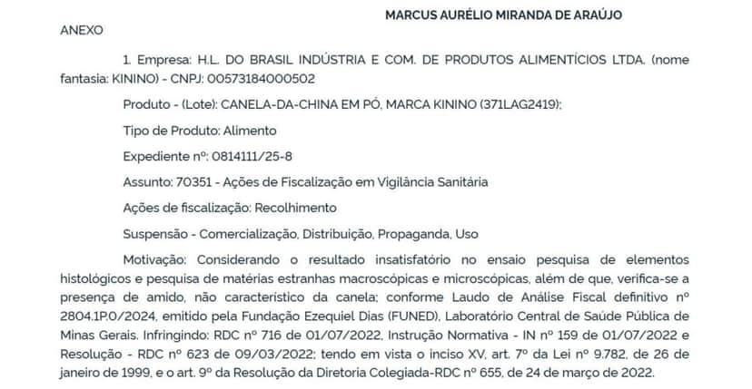 Resolução da ANVISA contra marca de canela (Foto Reprodução/GOV) Resolução da ANVISA contra marca de canela (Foto Reprodução/GOV)