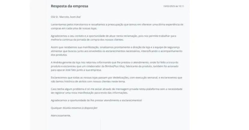 Resposta da rede de supermercado após o ocorrido (Foto Reprodução/Reclame Aqui)