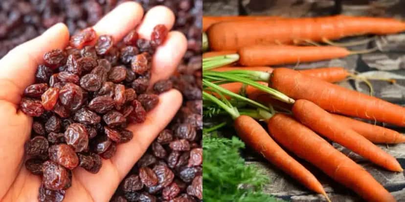 Uva passa e cenoura aumentam a produção de colágeno (Reprodução: Montagem TV Foco) Uva passa e cenoura aumentam a produção de colágeno (Reprodução: Montagem TV Foco)