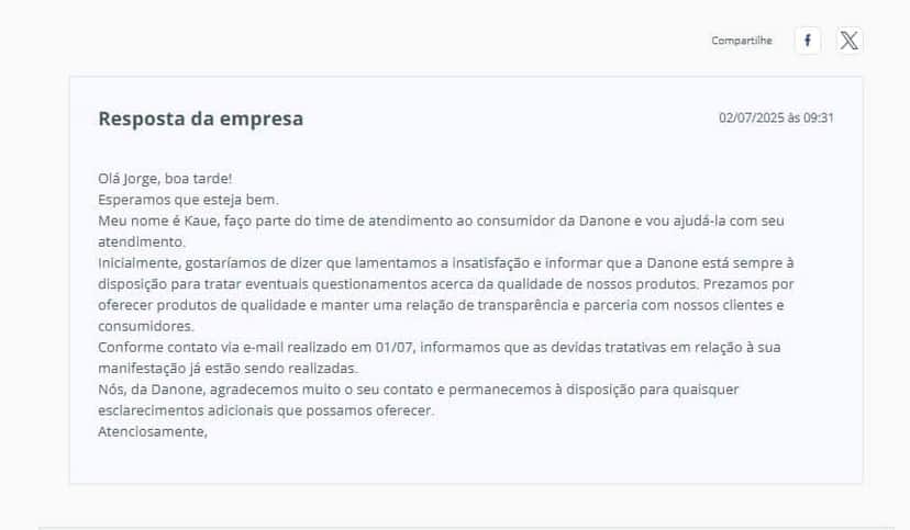 Resposta da Danone após denúncia contra a Aptamil (Foto Reprodução/Reclame Aqui) Resposta da Danone após denúncia contra a Aptamil (Foto Reprodução/Reclame Aqui)