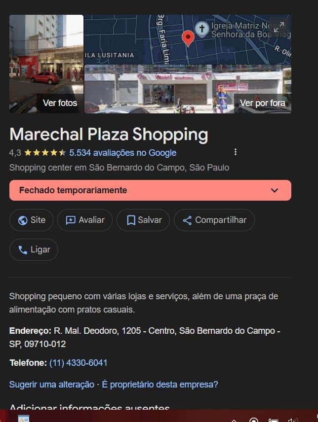 Status do Shopping no Google Maps (Foto Reprodução/Maps) Status do Shopping no Google Maps (Foto Reprodução/Maps)