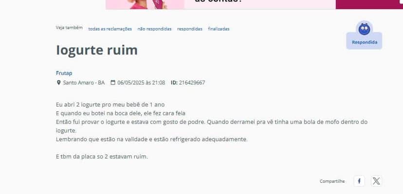 Denúncia contra a Frutap (Foto Reprodução/Reclame Aqui) Denúncia contra a Frutap (Foto Reprodução/Reclame Aqui)