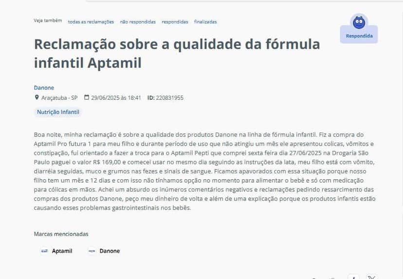 Denúncia contra a fórmula infantil da Aptamil, linha da Danone (Foto Reprodução/Reclame Aqui) Denúncia contra a fórmula infantil da Aptamil, linha da Danone (Foto Reprodução/Reclame Aqui)