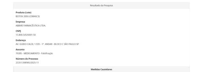 Denúncia contra BOTOX falsificado parte 1 (Foto Reprodução/ANVISA) Denúncia contra BOTOX falsificado parte 1 (Foto Reprodução/ANVISA)