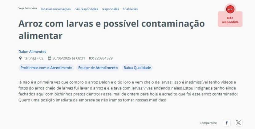 Denúncia contra arroz popular (Foto Reprodução/Reclame Aqui)