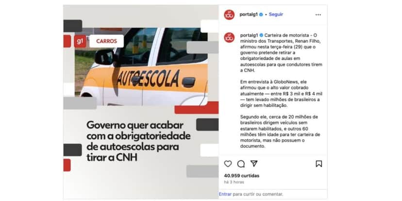 Publicação do G1 sobre entrevista com Renan Filho (Foto: Reprodução / Instagram) 