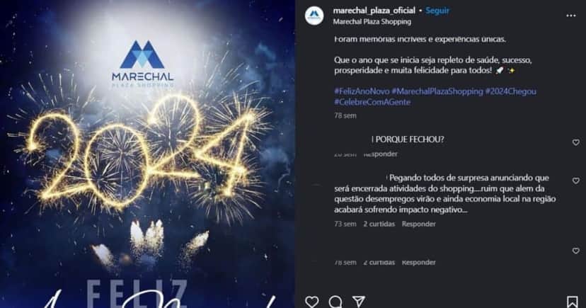Última postagem do Marechal Plaza Shopping e comentários lamentando (Foto Reprodução/Instagram)
