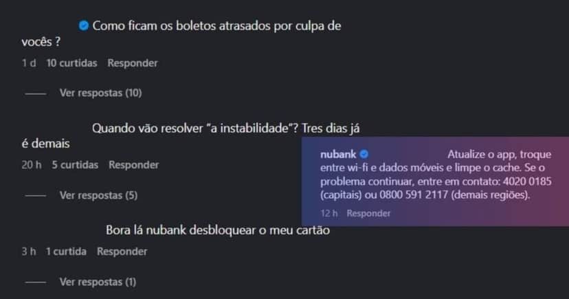 Mais reclamações e a resposta do Nubank a seguir (Foto Reprodução/Instagram Nubank Oficial) Mais reclamações e a resposta do Nubank a seguir (Foto Reprodução/Instagram Nubank Oficial)