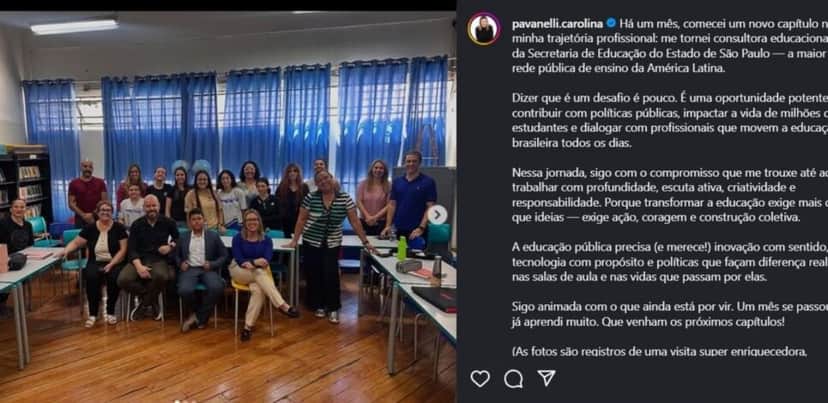 Postagem de Carolina Pavanelli sobre seu trabalho na Secretaria da Educação (Foto Reprodução/@pavanelli.carolina) Postagem de Carolina Pavanelli sobre seu trabalho na Secretaria da Educação (Foto Reprodução/@pavanelli.carolina)