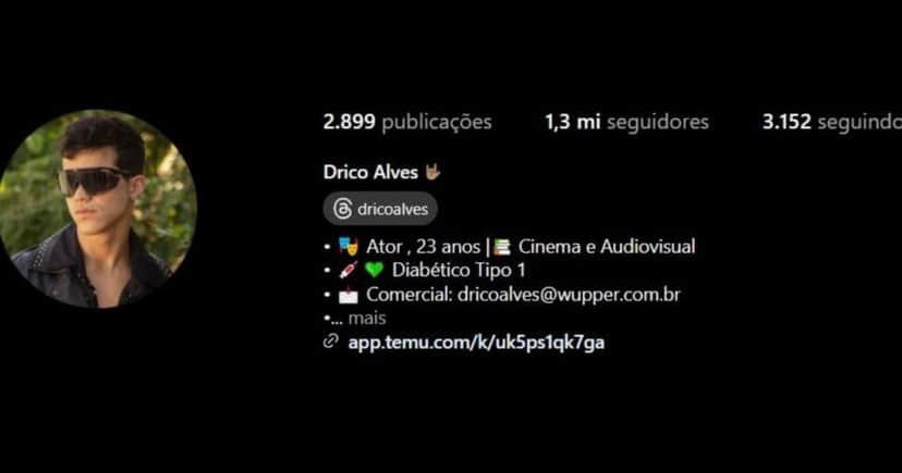 Perfil de Drico Alves nas redes sociais onde ele expõe ter diabetes (Foto: Reprodução/Instagram @dricoalves) Perfil de Drico Alves nas redes sociais onde ele expõe ter diabetes (Foto: Reprodução/Instagram @dricoalves)