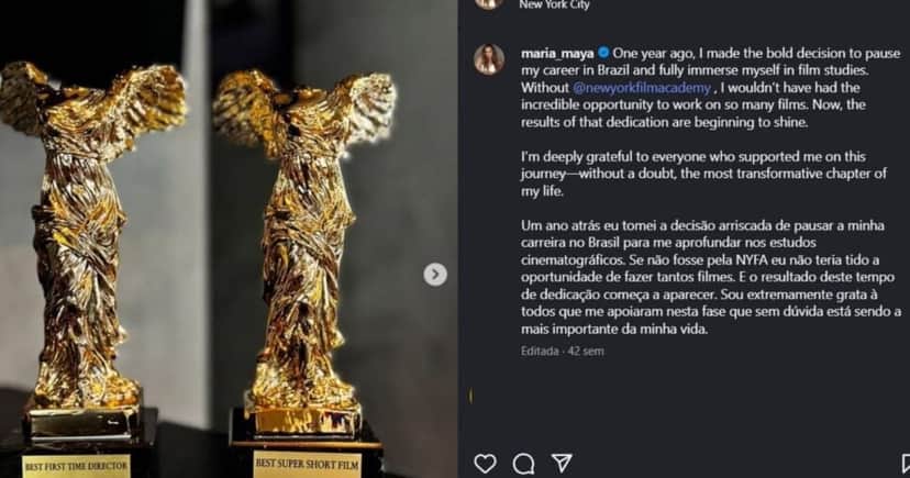 Maria Maya recebeu uma premiação pelo filme Rotina(Foto Reprodução/Instagram/@maria_maya) Maria Maya recebeu uma premiação pelo filme Rotina(Foto Reprodução/Instagram/@maria_maya)