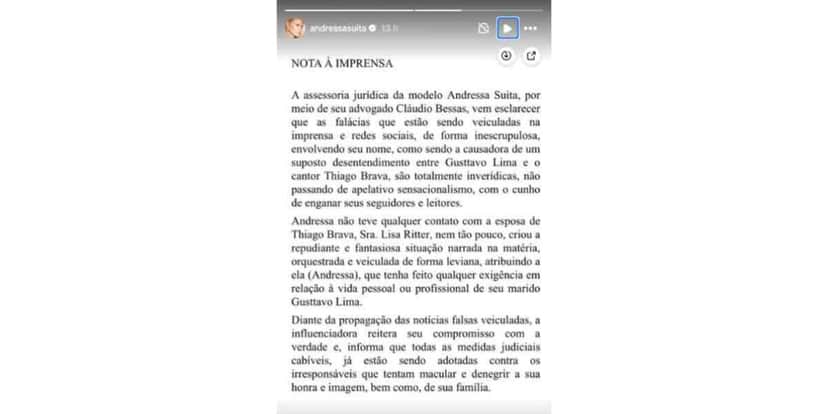 Nota de Andressa Suita (Foto: Reprodução / Instagram) Nota de Andressa Suita (Foto: Reprodução / Instagram)