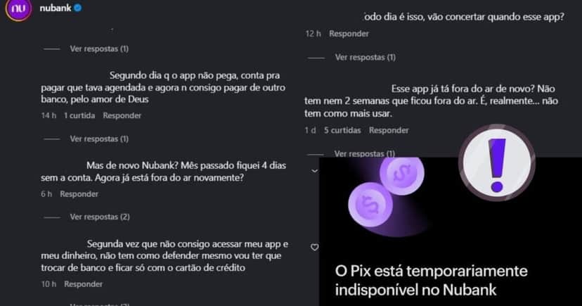 Reclamações recentes de clientes sobre o sistema caindo/ Mensagem de Pix indisponível (Foto Reprodução/Montagem/Instagram @Nubank/App Nubank) Reclamações recentes de clientes sobre o sistema caindo/ Mensagem de Pix indisponível (Foto Reprodução/Montagem/Instagram @Nubank/App Nubank)