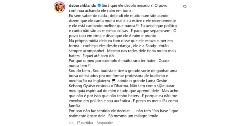 Comentário de Deborah Blando (Foto: Reprodução / Instagram) Comentário de Deborah Blando (Foto: Reprodução / Instagram)