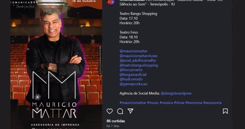 Perfil nas redes sociais divulga os próximos shows de Maurício Mattar (Foto Reprodução/Montagem/TV Foco/Instagram @mauriciomattarshows) Perfil nas redes sociais divulga os próximos shows de Maurício Mattar (Foto Reprodução/Montagem/TV Foco/Instagram @mauriciomattarshows)