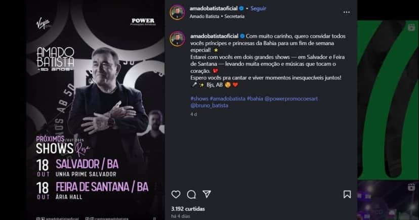 Amado Batista continua realizando shows em 2025 (Foto Reprodução/@amadobatistaoficial) Amado Batista continua realizando shows em 2025 (Foto Reprodução/@amadobatistaoficial)