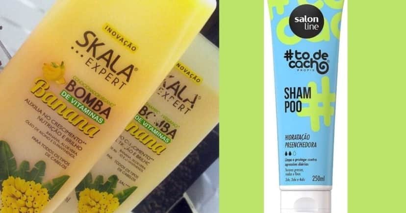 Shampoo Skala Bomba de Vitaminas com Banana/Salon Line #TôdeCacho Hidratação Preenchedora (Foto Reprodução/Montagem/TV Foco/Magazine Luíza/YouTube)