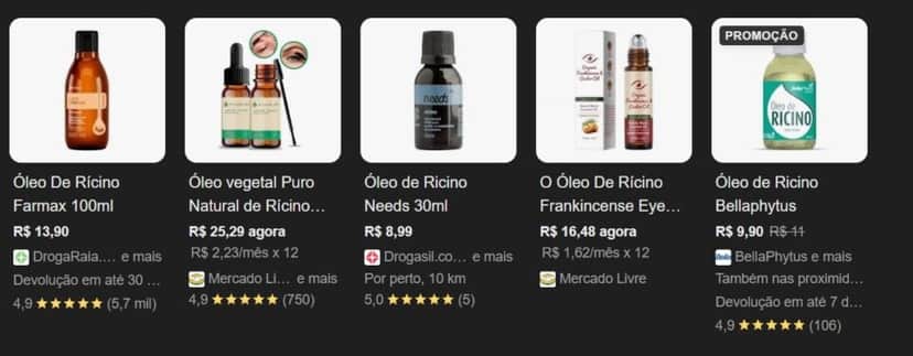 Média de valores do óleo de rícino no mercado (Foto Reprodução/Google Shopping) Média de valores do óleo de rícino no mercado (Foto Reprodução/Google Shopping)