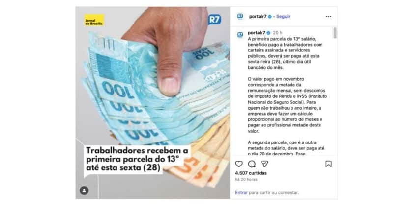 Comunicado do portal R7 sobre 13° salário (Foto: Reprodução / Instagram) Comunicado do portal R7 sobre 13° salário (Foto: Reprodução / Instagram)