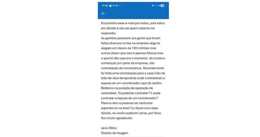 E-mail de Janis Ritins (Foto: Reprodução / Instagram) E-mail de Janis Ritins (Foto: Reprodução / Instagram)