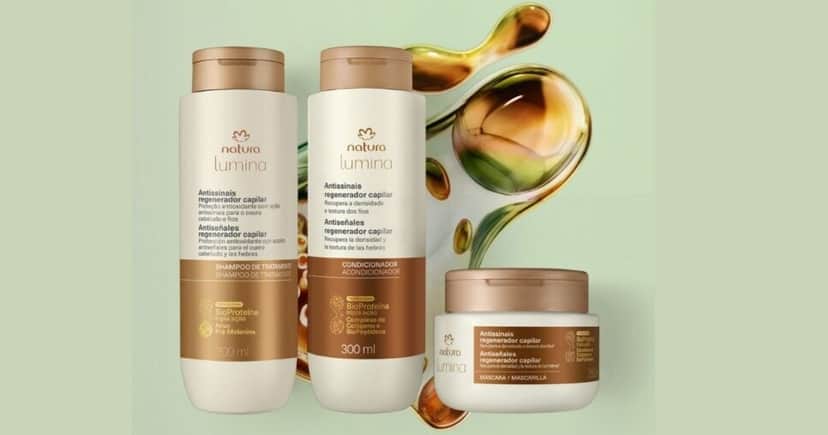 Shampoo, condicionador e máscara da linha antissinais da Natura (Foto Reprodução/Montagem/Canva/site oficial) Shampoo, condicionador e máscara da linha antissinais da Natura (Foto Reprodução/Montagem/Canva/site oficial)
