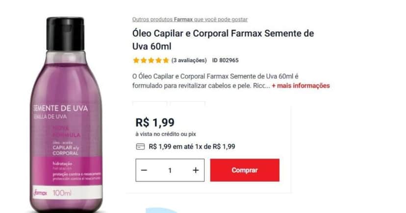 Óleo de Semente de Uva da Farmax (Foto Reprodução/Atacadão) Óleo de Semente de Uva da Farmax (Foto Reprodução/Atacadão)