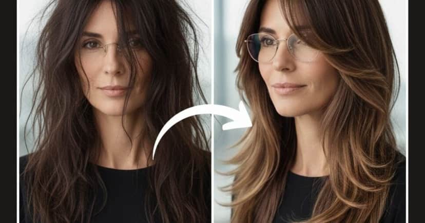 Camadas longas com franja leve - Antes e depois (Foto Reprodução/Montagem/Lennita/GMN/Canva) Camadas longas com franja leve - Antes e depois (Foto Reprodução/Montagem/Lennita/GMN/Canva)