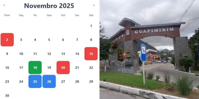 Feriado municipal em Guapimirim nos dias 25 e 26 de novembro (Reprodução: Montagem TV Foco) Feriado municipal em Guapimirim nos dias 25 e 26 de novembro (Reprodução: Montagem TV Foco)