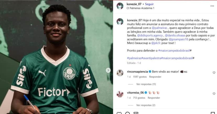 Koné, novo reforço da base palmeirense - Foto: Print/Instagram Koné, novo reforço da base palmeirense - Foto: Print/Instagram