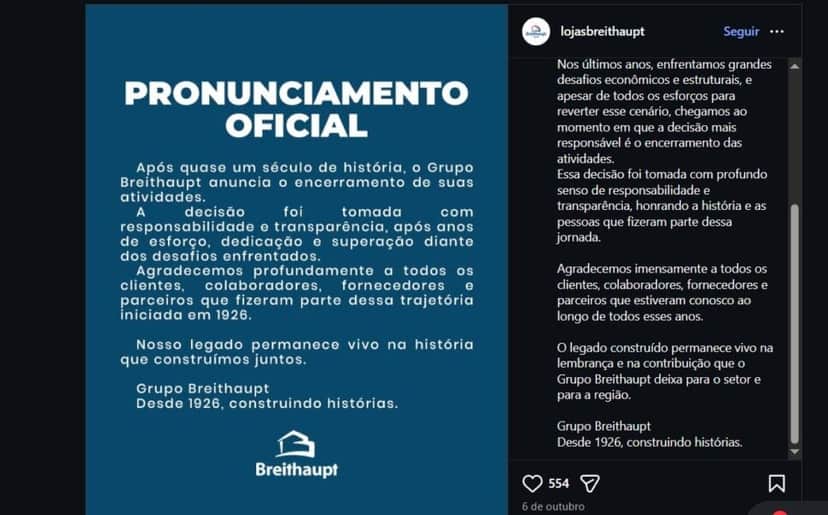 Comunicado do grupo pelas redes sociais (Foto Reprodução/Instagram/@lojasbreithaupt) Comunicado do grupo pelas redes sociais (Foto Reprodução/Instagram/@lojasbreithaupt)