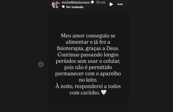 Michelle dá notícia aos apoiadores do marido (Foto: Reprodução / Instagram) Michelle dá notícia aos apoiadores do marido (Foto: Reprodução / Instagram)