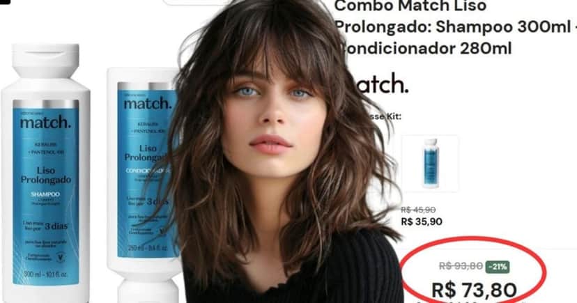 Match Liso Prolongado Shampoo + Condicionador (Foto: Reprodução/Montagem/GMN/Lennita/TV Foco/Canva/GMN) Match Liso Prolongado Shampoo + Condicionador (Foto: Reprodução/Montagem/GMN/Lennita/TV Foco/Canva/GMN)